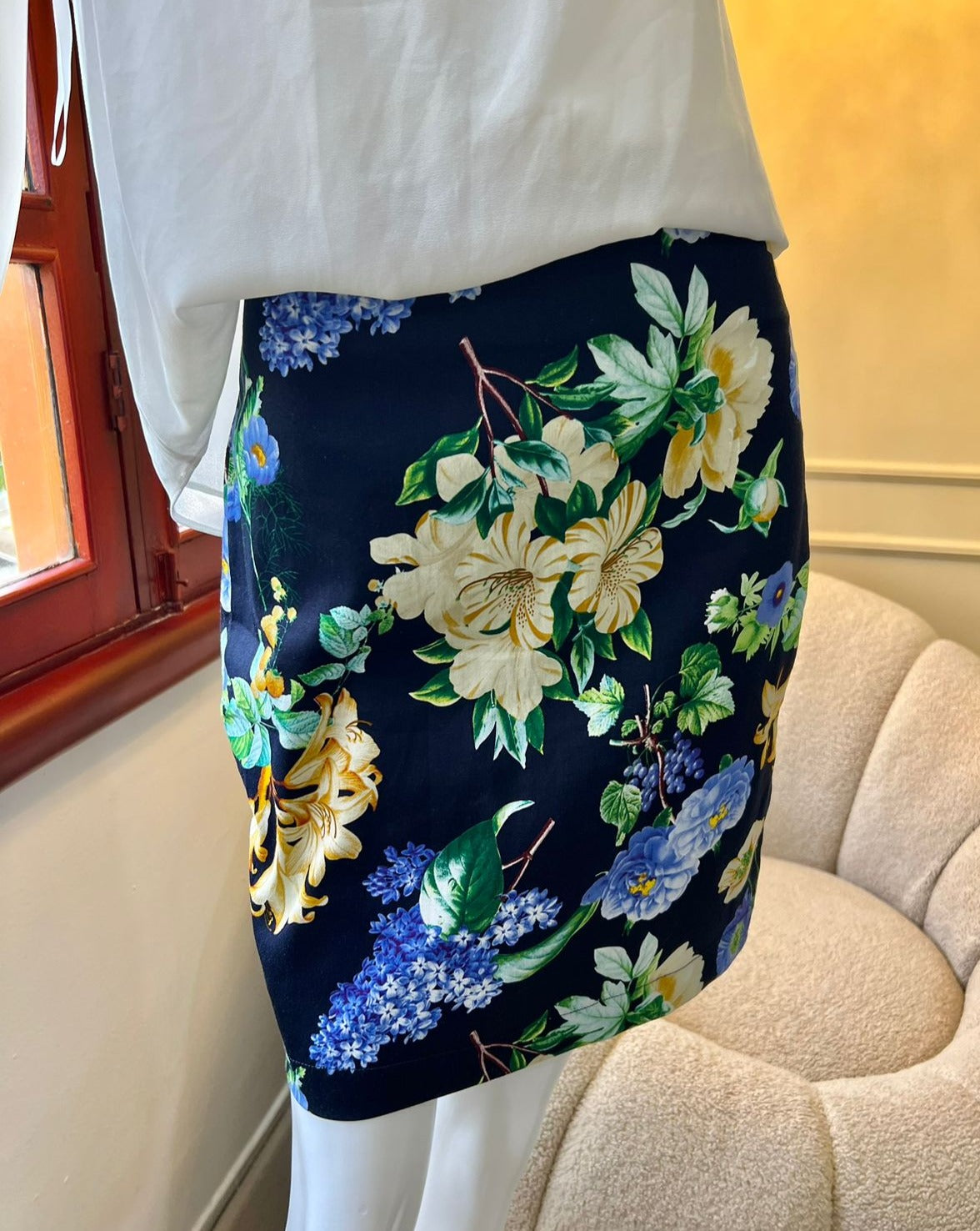 Floral Midi Skirt Blue Background 